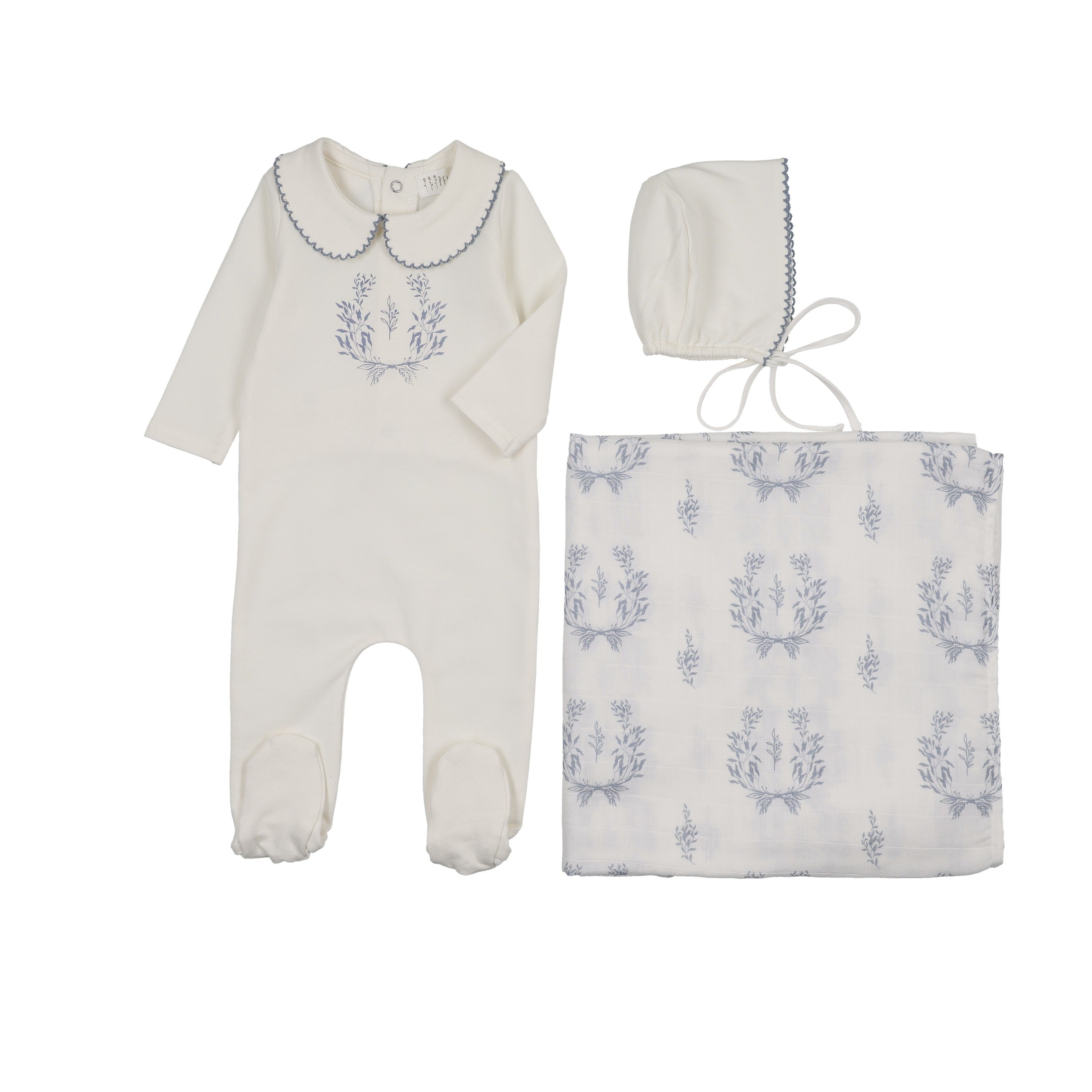 Botanical Footie with Collar + Bonnet + Swaddle - Blue