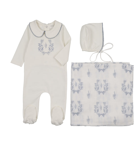 Botanical Footie with Collar + Bonnet + Swaddle - Blue