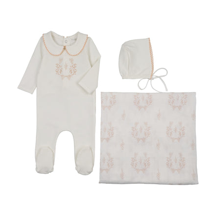 Botanical Footie with Collar + Bonnet + Swaddle - Pink
