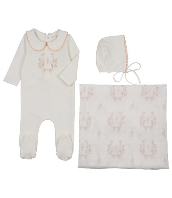 Botanical Footie with Collar + Bonnet + Swaddle - Pink