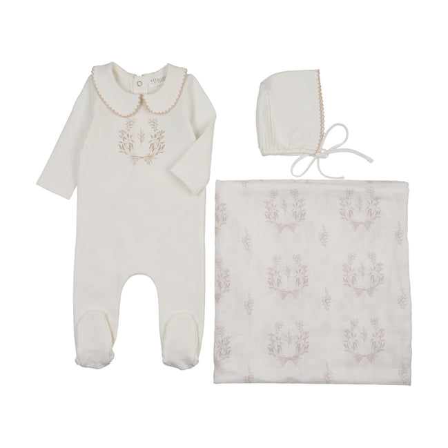 Botanical Footie with Collar + Bonnet + Swaddle - Taupe