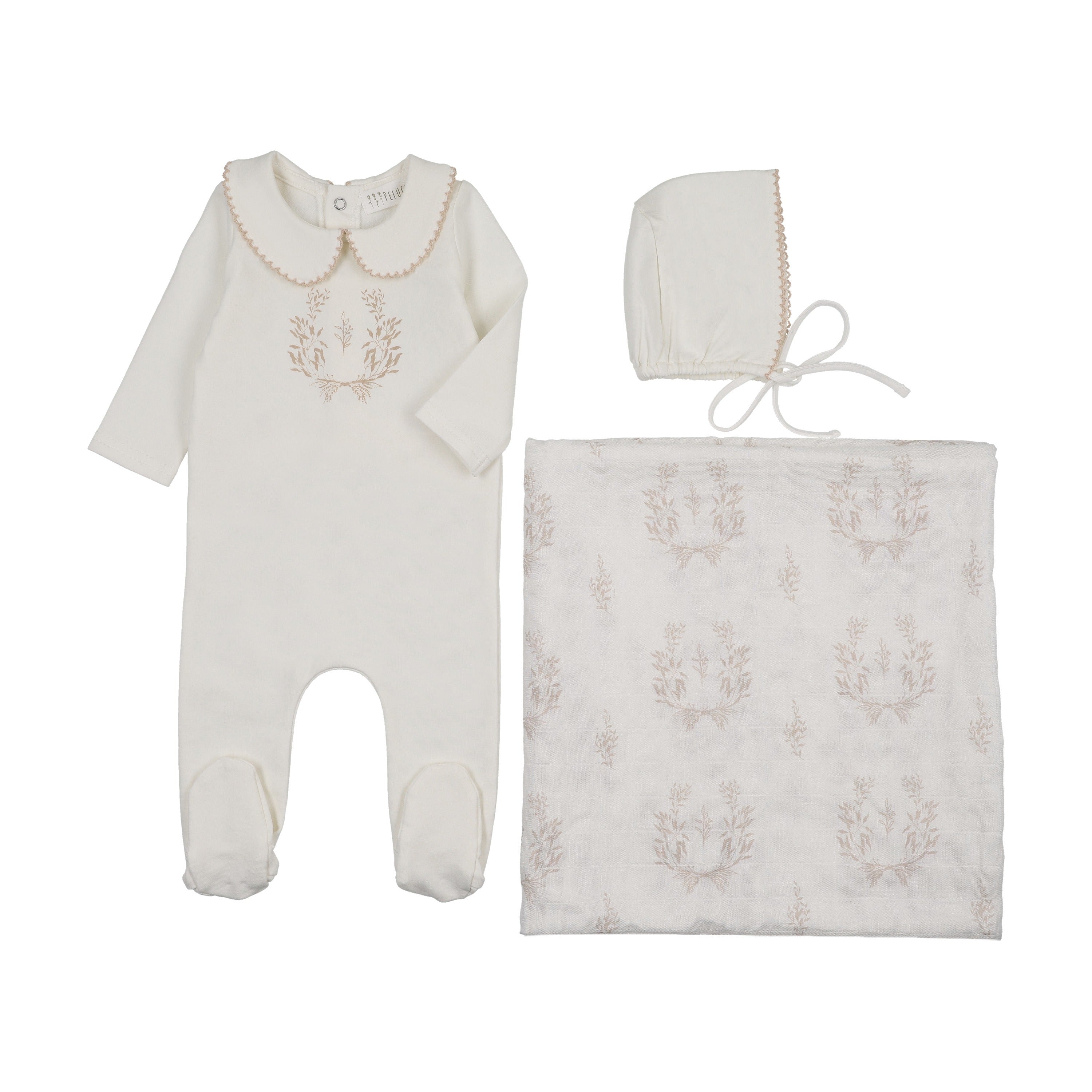Botanical Footie with Collar + Bonnet + Swaddle - Taupe