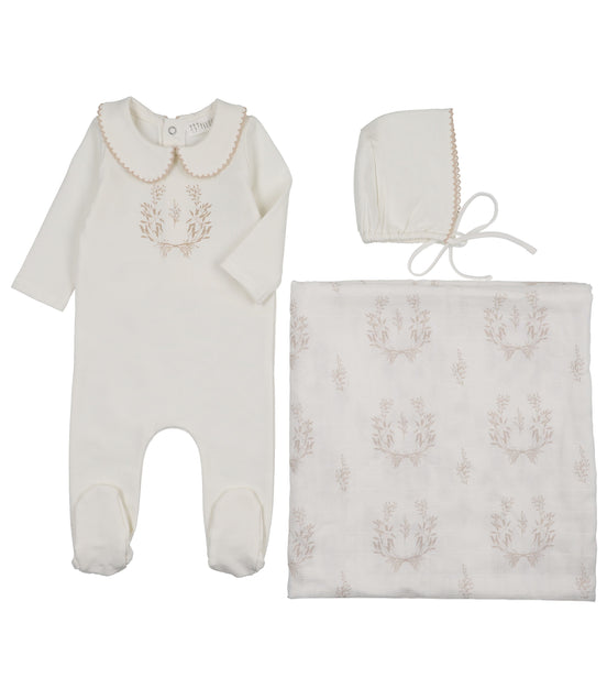 Botanical Footie with Collar + Bonnet + Swaddle - Taupe