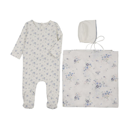 Floral Footie + Bonnet + Swaddle - Blue