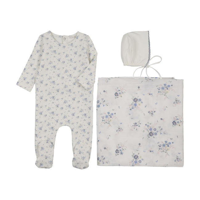 Floral Footie + Bonnet + Swaddle - Blue