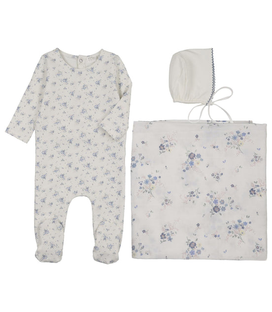 Floral Footie + Bonnet + Swaddle - Blue