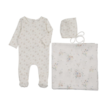 Floral Footie + Bonnet + Swaddle - Pink