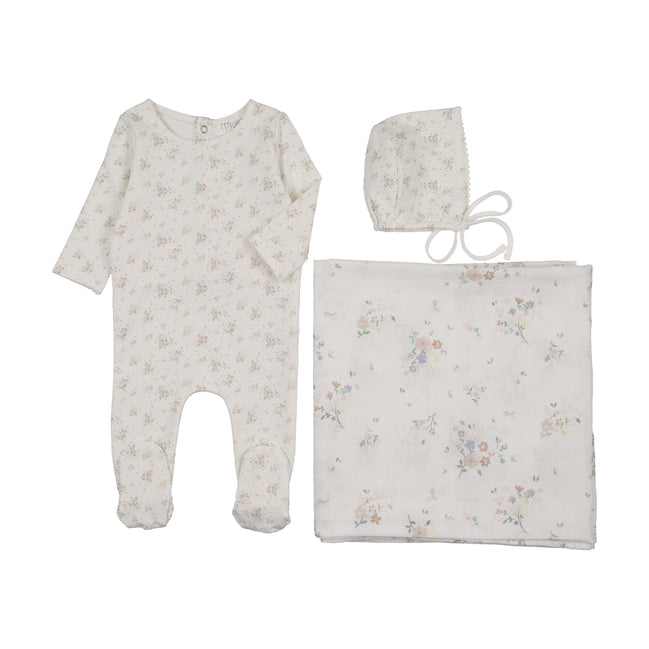 Floral Footie + Bonnet + Swaddle - Pink