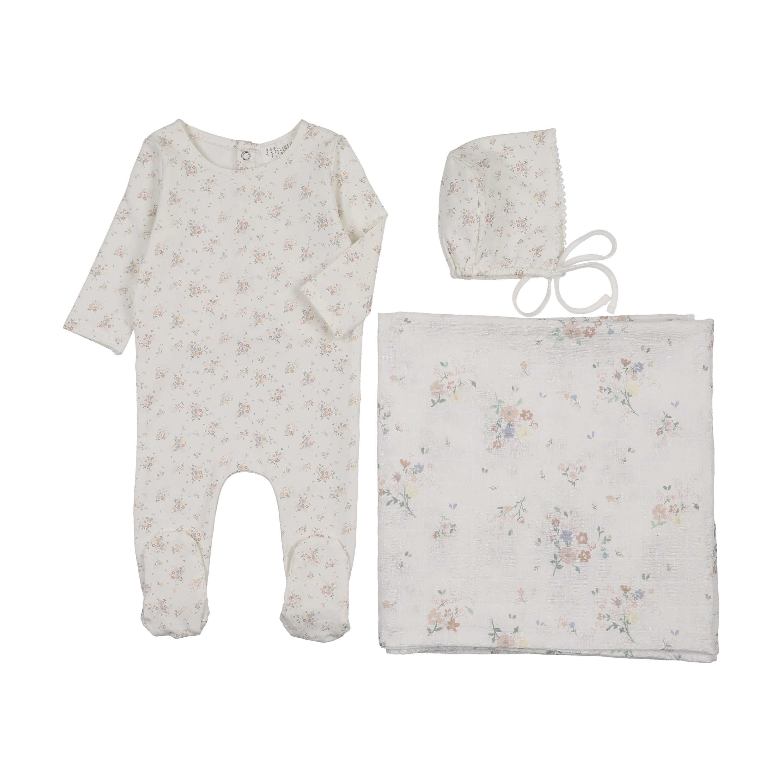 Floral Footie + Bonnet + Swaddle - Pink