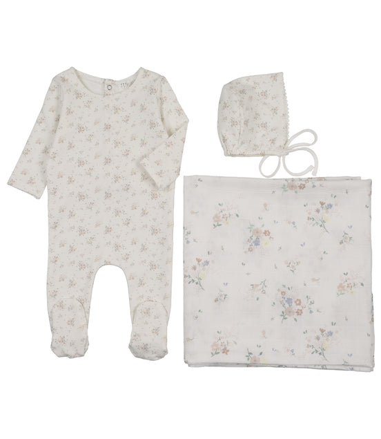 Floral Footie + Bonnet + Swaddle - Pink