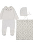 Footie with Emb Collar + Cardigan + Bonnet + Lattice Swaddle - Cream/Olive