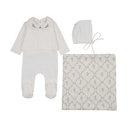 Footie with Emb Collar + Cardigan + Bonnet + Lattice Swaddle - Cream/Olive