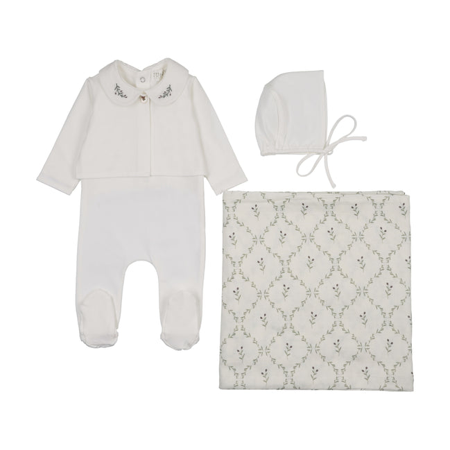 Footie with Emb Collar + Cardigan + Bonnet + Lattice Swaddle - Cream/Olive