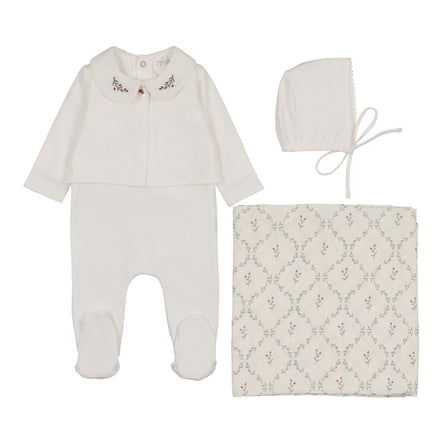 Footie with Emb Collar + Cardigan + Bonnet + Lattice Swaddle - Cream/Berry