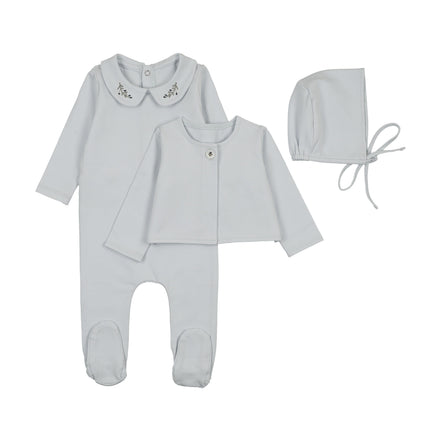 Footie with Emb Collar + Cardigan + Bonnet - Blue/Blueberry