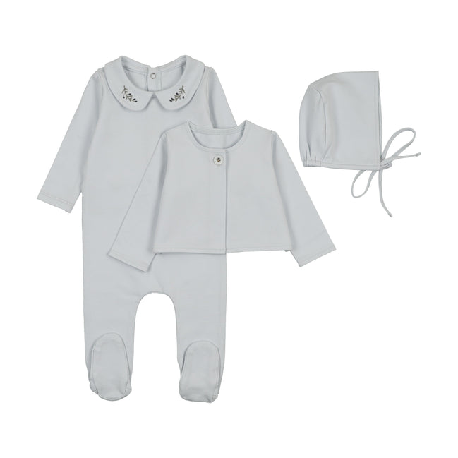 Footie with Emb Collar + Cardigan + Bonnet - Blue/Blueberry