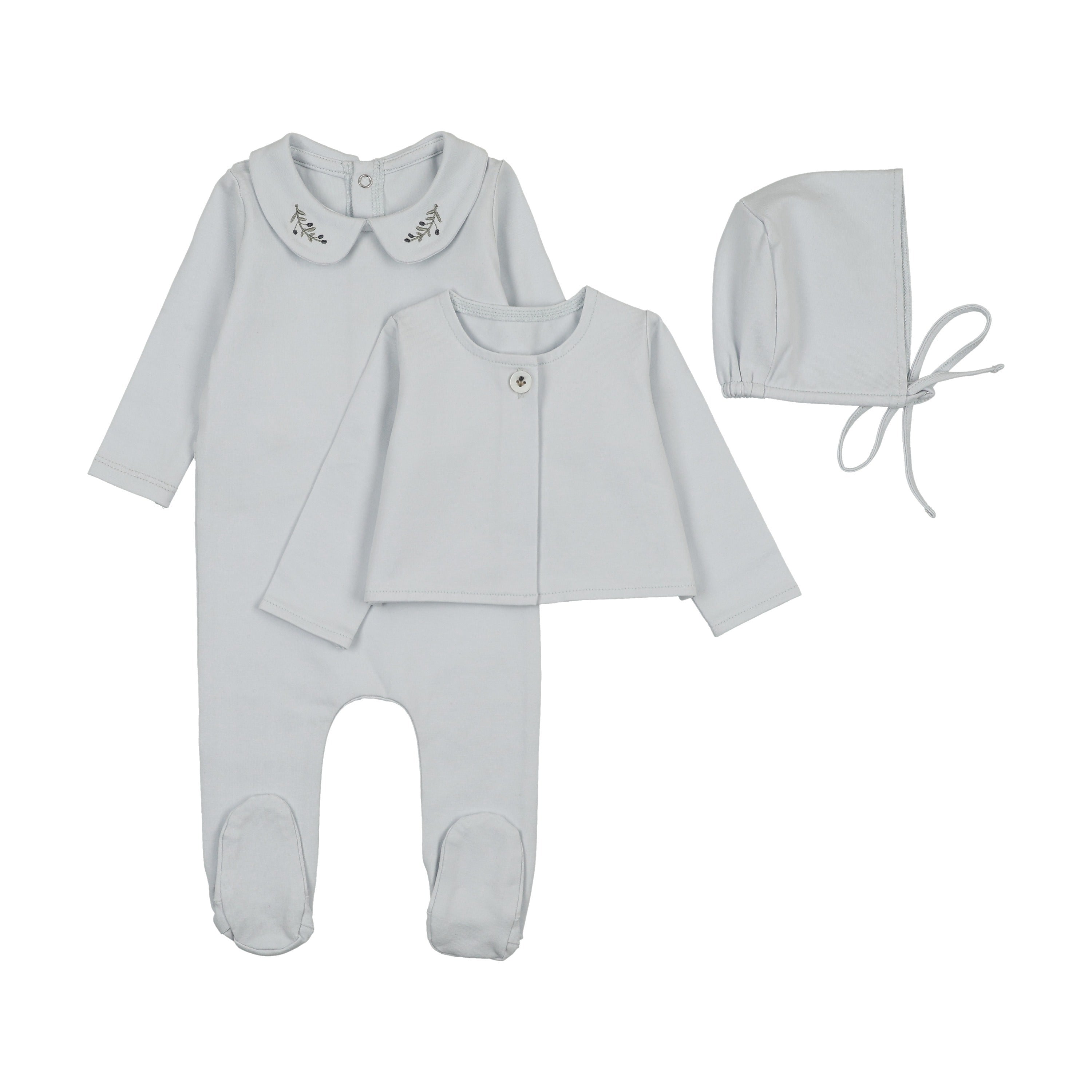 Footie with Emb Collar + Cardigan + Bonnet - Blue/Blueberry