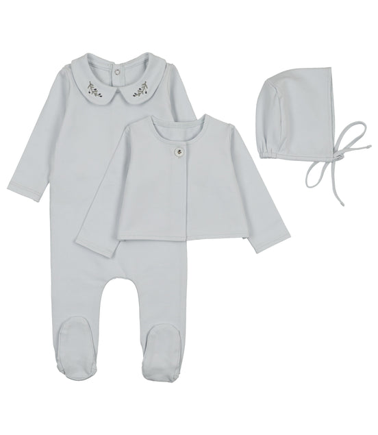 Footie with Emb Collar + Cardigan + Bonnet - Blue/Blueberry