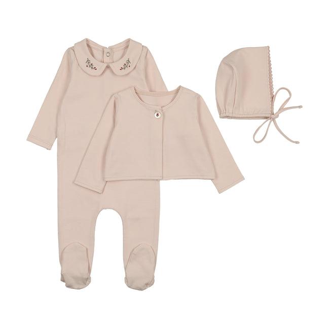 Footie with Emb Collar + Cardigan + Bonnet - Pink/Berry