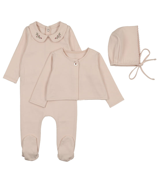 Footie with Emb Collar + Cardigan + Bonnet - Pink/Berry