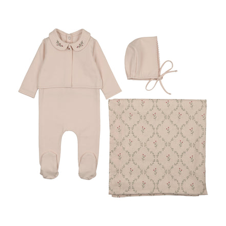 Footie with Emb Collar + Cardigan + Bonnet + Lattice Swaddle - Pink/Berry