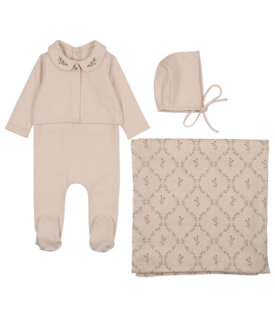 Footie with Emb Collar + Cardigan + Bonnet + Lattice Swaddle - Pink/Berry