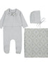 Footie with Emb Collar + Cardigan + Bonnet + Lattice Swaddle - Blue/Blueberry