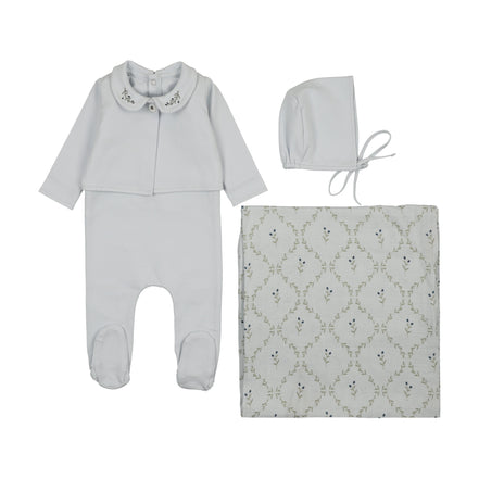 Footie with Emb Collar + Cardigan + Bonnet + Lattice Swaddle - Blue/Blueberry