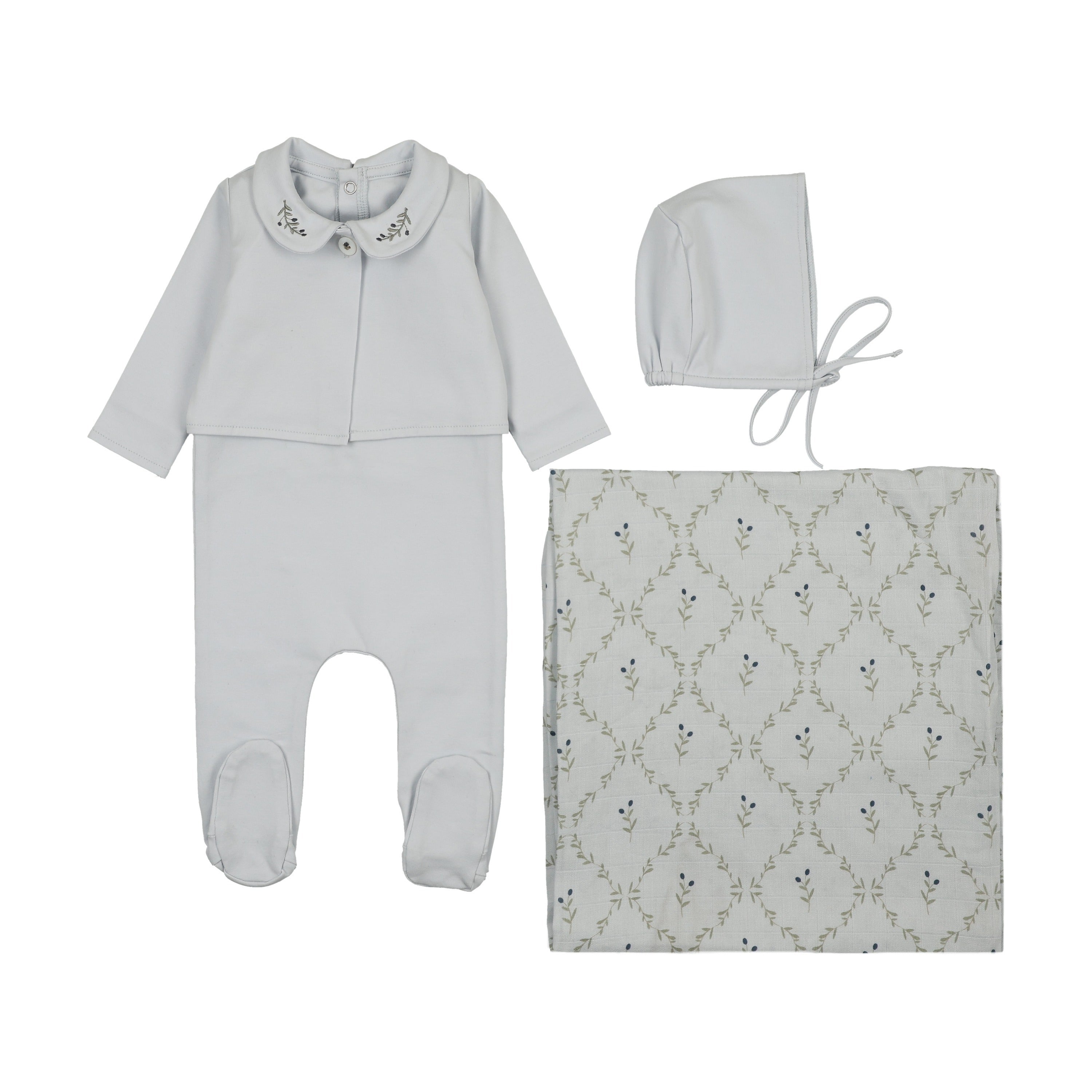 Footie with Emb Collar + Cardigan + Bonnet + Lattice Swaddle - Blue/Blueberry