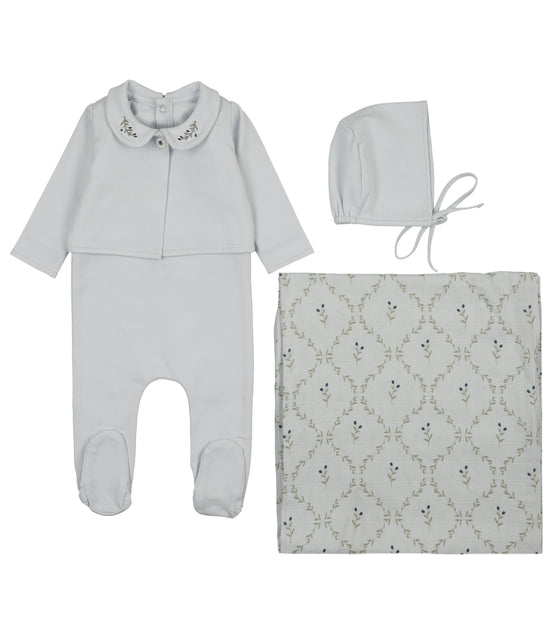 Footie with Emb Collar + Cardigan + Bonnet + Lattice Swaddle - Blue/Blueberry