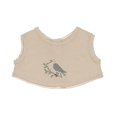 Cross Stitch Knit Overlay Bib - Stone Blue
