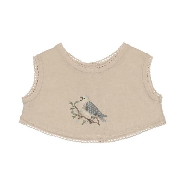 Cross Stitch Knit Overlay Bib - Stone Blue