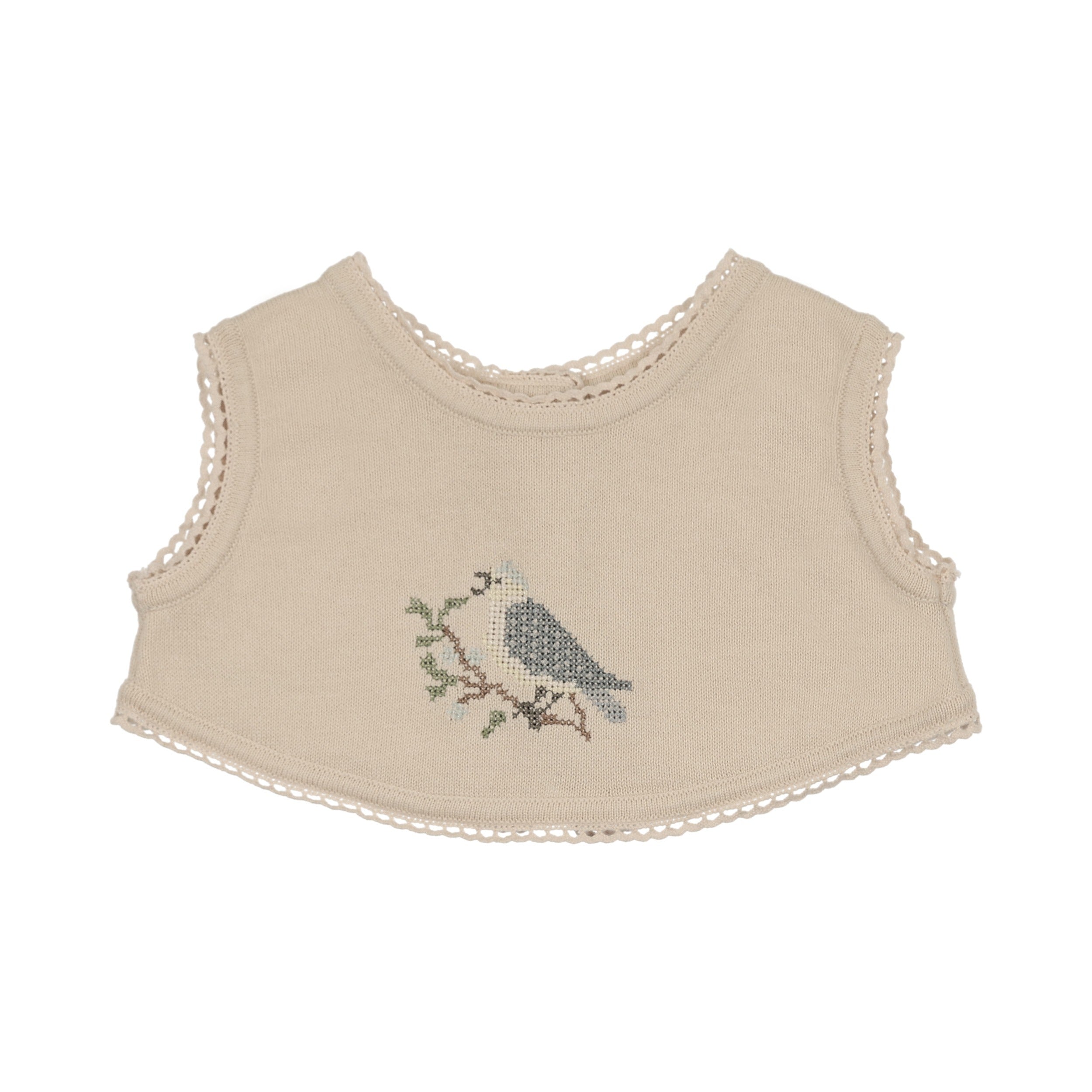 Cross Stitch Knit Overlay Bib - Stone Blue