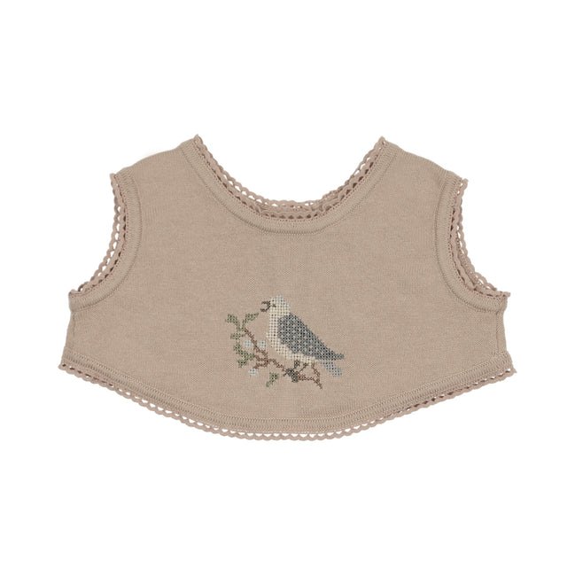 Cross Stitch Knit Overlay Bib - Taupe