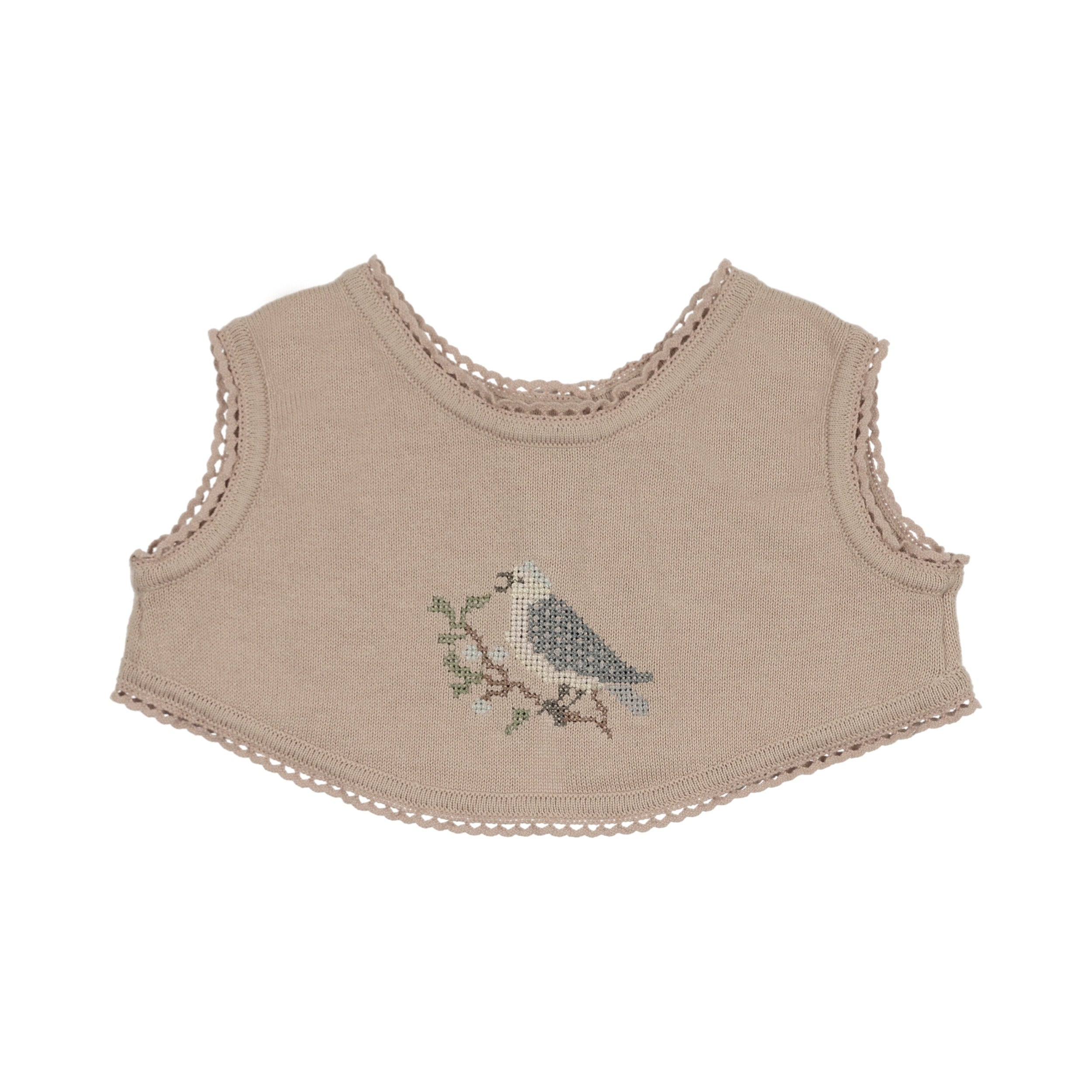 Cross Stitch Knit Overlay Bib - Taupe