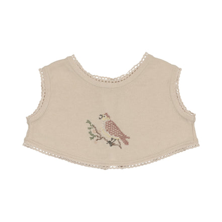 Cross Stitch Knit Overlay Bib - Stone Rose
