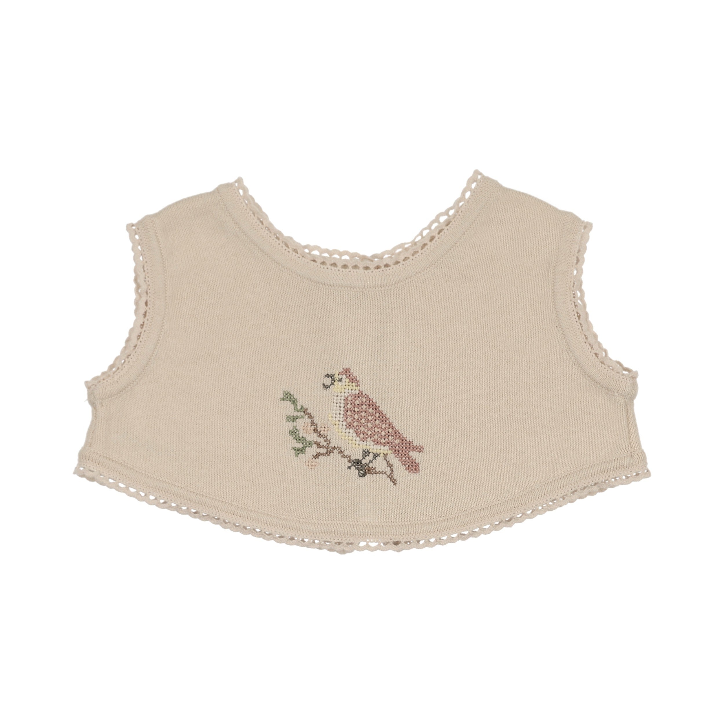 Cross Stitch Knit Overlay Bib - Stone Rose