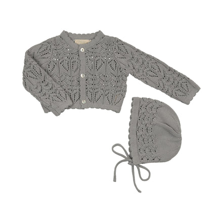 Eyelet Knit Cropped Cardigan + Bonnet Set - Powder