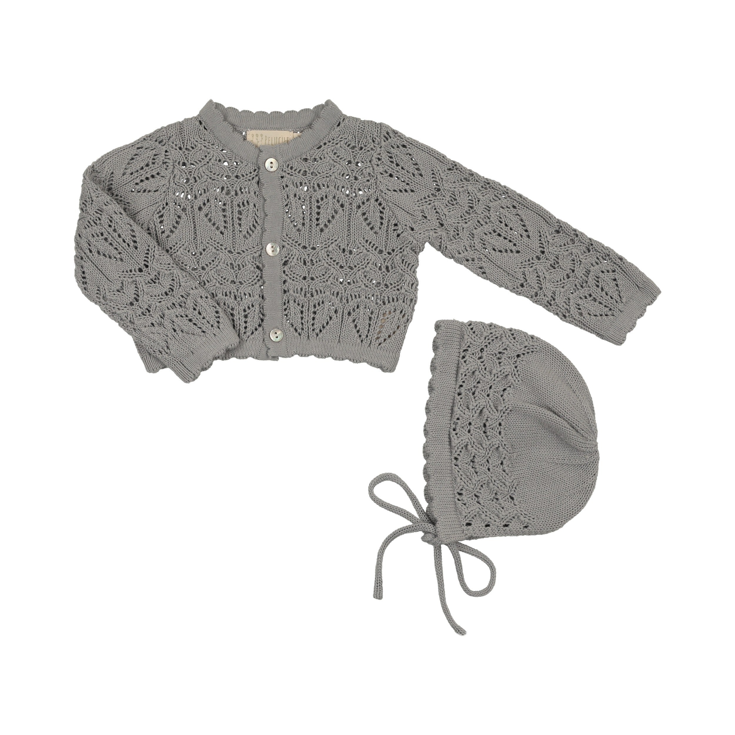 Eyelet Knit Cropped Cardigan + Bonnet Set - Powder