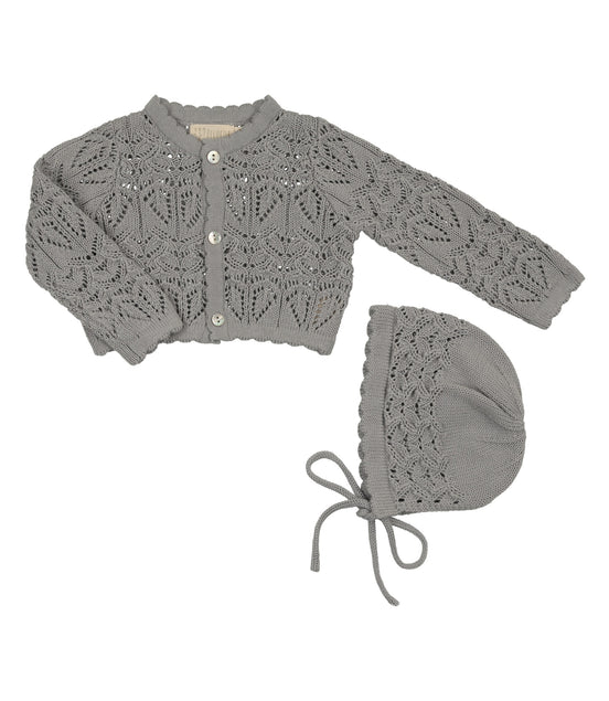 Eyelet Knit Cropped Cardigan + Bonnet Set - Powder
