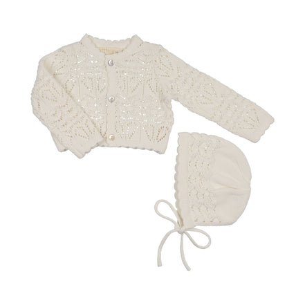 Eyelet Knit Cropped Cardigan + Bonnet Set - Cream
