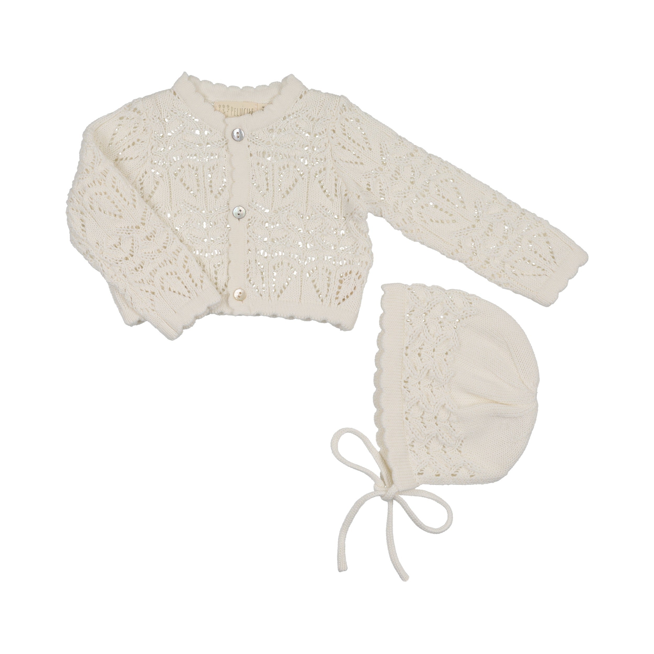 Eyelet Knit Cropped Cardigan + Bonnet Set - Cream