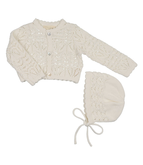 Eyelet Knit Cropped Cardigan + Bonnet Set - Cream