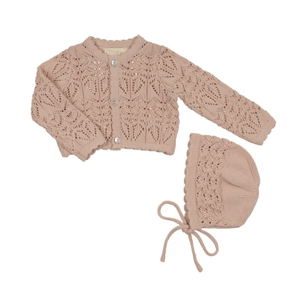 Eyelet Knit Cropped Cardigan + Bonnet Set - Rose