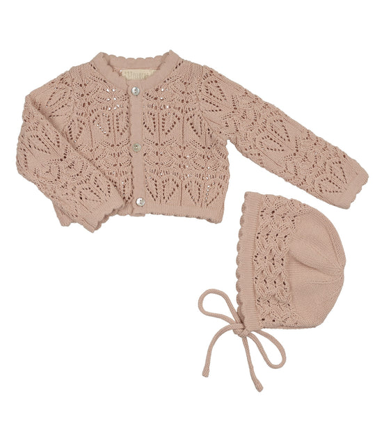 Eyelet Knit Cropped Cardigan + Bonnet Set - Rose