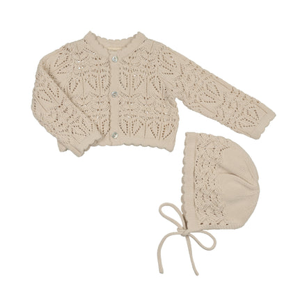 Eyelet Knit Cropped Cardigan + Bonnet Set - Stone