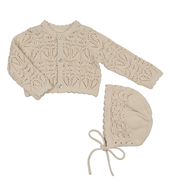 Eyelet Knit Cropped Cardigan + Bonnet Set - Stone