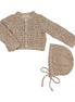 Eyelet Knit Cropped Cardigan + Bonnet Set - Taupe