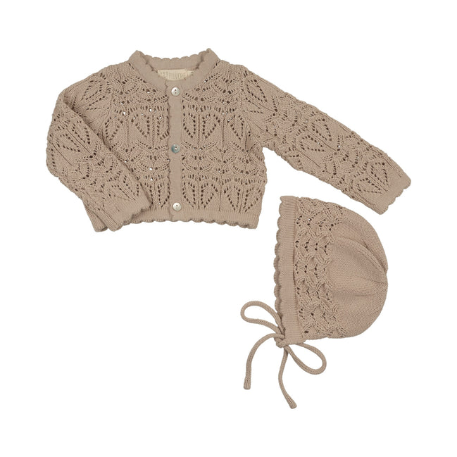 Eyelet Knit Cropped Cardigan + Bonnet Set - Taupe
