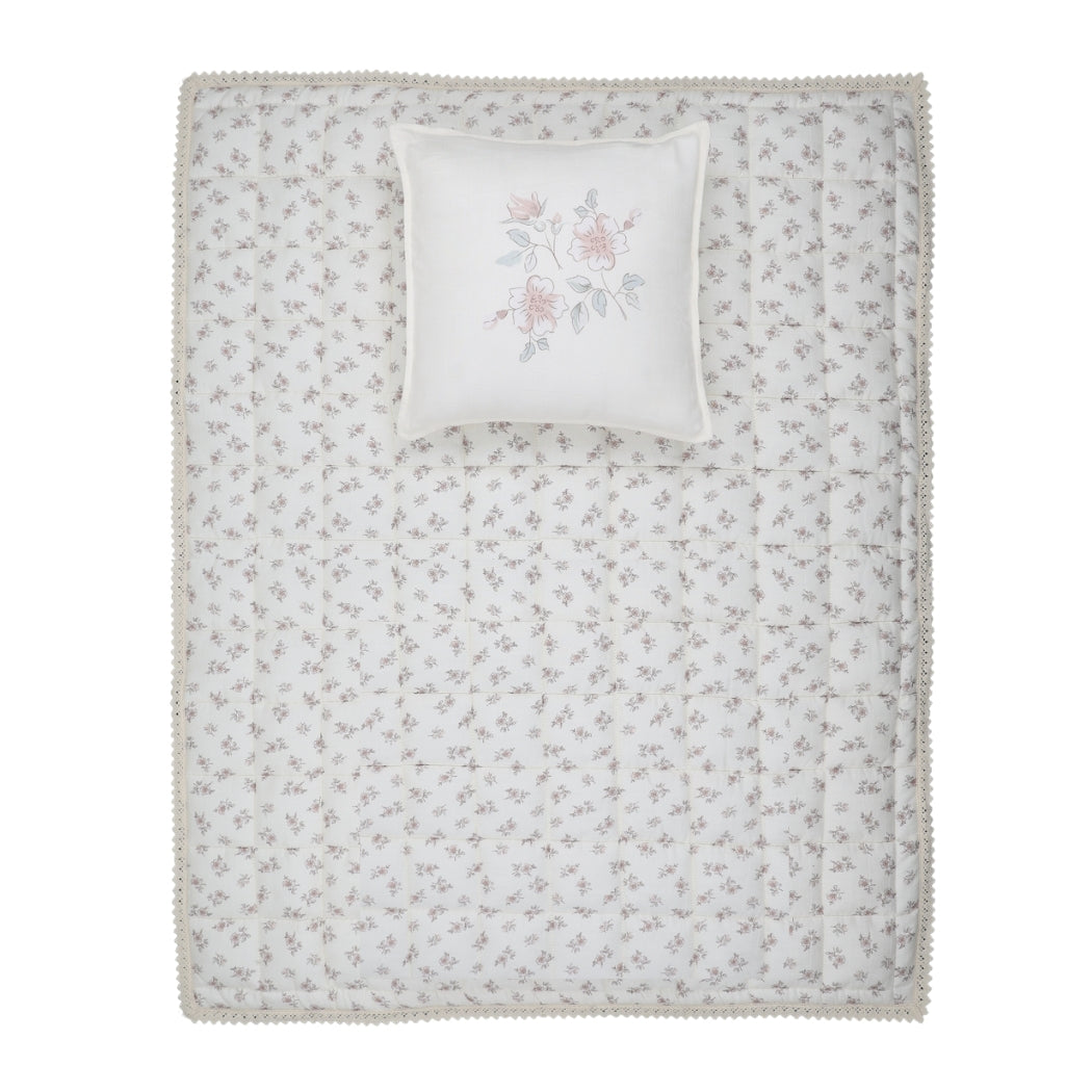 Blossom Quilted Blanket / Crochet Trim + Square Pillow - Rose